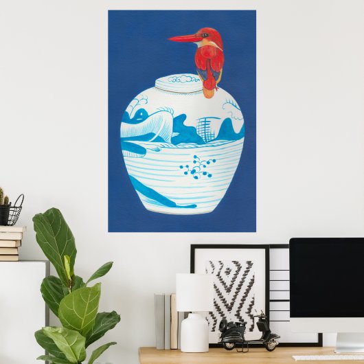 Blauwe en witte gemberpot met rode ijsvogel poster (Thuiskantoor)