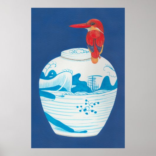Blauwe en witte gemberpot met rode ijsvogel poster (Voorkant)