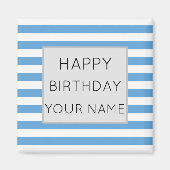 Blauwe en witte gestreept Happy Birthday-keramisch Magneet (Voorkant)