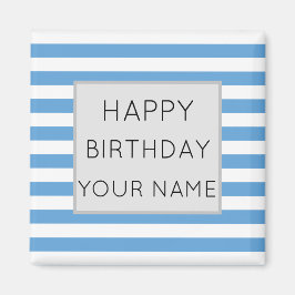 Blauwe en witte gestreept Happy Birthday-keramisch Magneet
