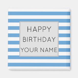Blauwe en witte gestreept Happy Birthday-keramisch Magneet