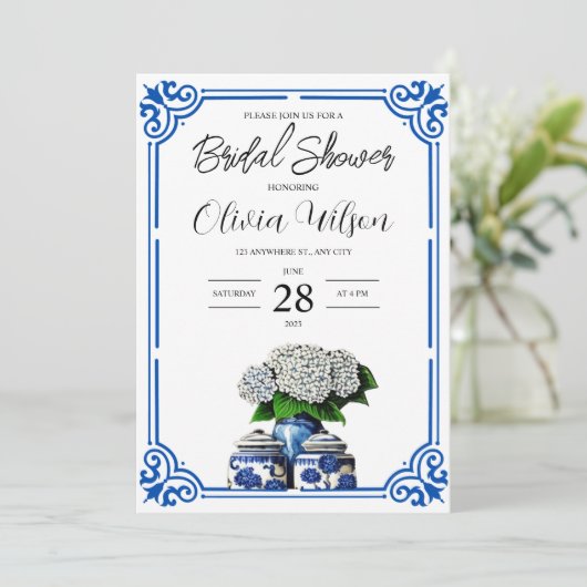 Blauwe en Witte Ginger Jar Bridal Douche Uitnodigi Kaart (Staand voorkant)