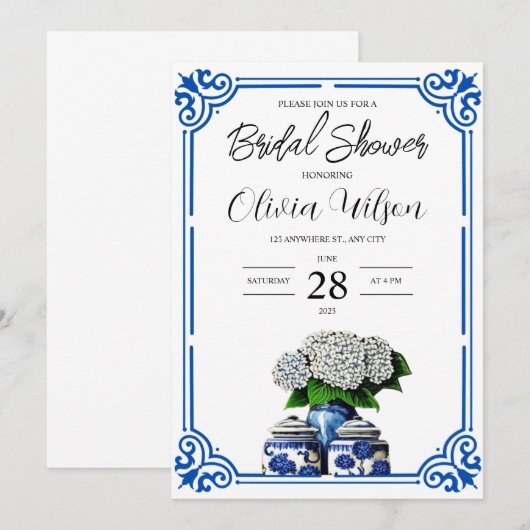 Blauwe en Witte Ginger Jar Bridal Douche Uitnodigi Kaart (Voorkant / Achterkant)