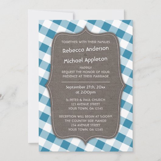 Blauwe en witte Gingham Canvas bruiloft uitnodigin Kaart (Voorkant)