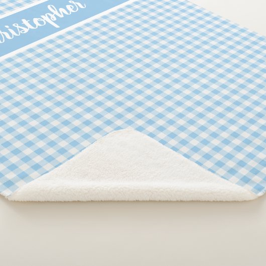 Blauwe en witte gingham met naam sherpa deken (3/4)