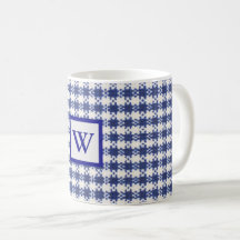 blauwe en witte gingham , monogram , mok van de bo