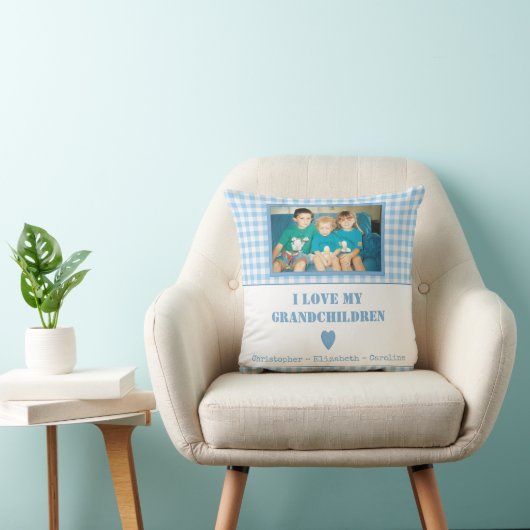 Blauwe en witte gipsplaat met foto kussen (Stoel)