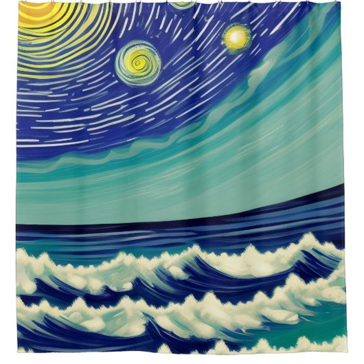 Blauwe en witte golven Lunar Stars Douchegordijn (Voorkant)