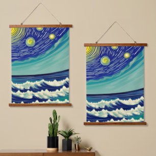 Blauwe en witte golven Lunar Stars Hangend Wandkleed