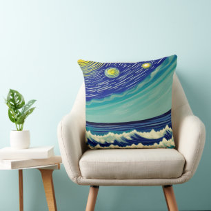 Blauwe en witte golven Lunar Stars Kussen