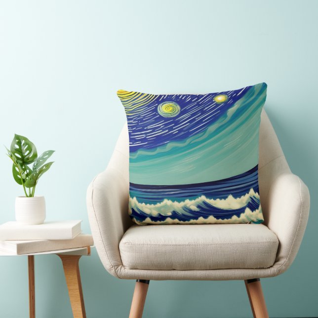 Blauwe en witte golven Lunar Stars Kussen (Stoel)