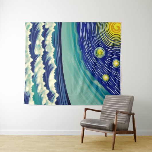 Blauwe en witte golven Lunar Stars Wandkleed (In Situ (horizontaal))