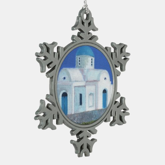 Blauwe en witte Grieks-Cypriotische kerk Tin Sneeuwvlok Ornament (Links)