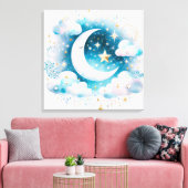 Blauwe en Witte Halve Maan Celestial Boho Modern Canvas Afdruk (Insitu (Woonkamer))