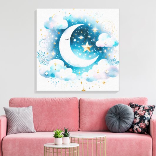 Blauwe en Witte Halve Maan Celestial Boho Modern Canvas Afdruk (Insitu (Woonkamer))