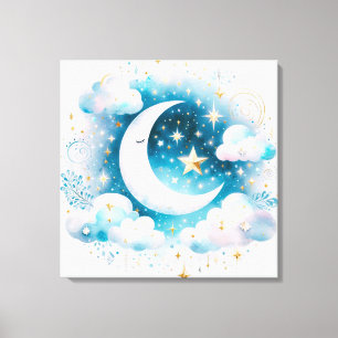 Blauwe en Witte Halve Maan Celestial Boho Modern Canvas Afdruk