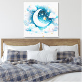 Blauwe en Witte Halve Maan Celestial Boho Modern Canvas Afdruk (Insitu (Slaapkamer))