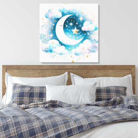 Blauwe en Witte Halve Maan Celestial Boho Modern Canvas Afdruk (Insitu (Slaapkamer))