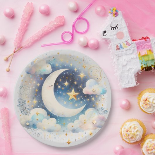 Blauwe en Witte Halve Maan Celestial Boho Modern Papieren Bordje (Feest)