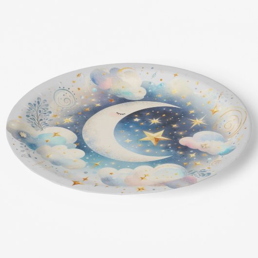 Blauwe en Witte Halve Maan Celestial Boho Modern Papieren Bordje (Gekanteld)