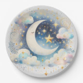 Blauwe en Witte Halve Maan Celestial Boho Modern Papieren Bordje (Voorkant)