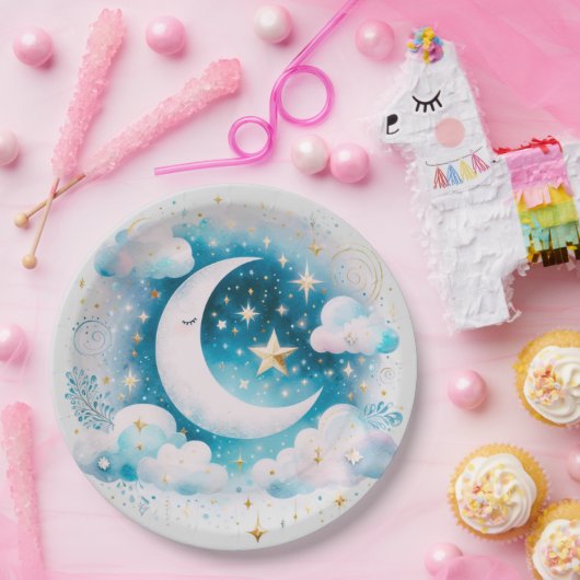 Blauwe en Witte Halve Maan Celestial Boho Modern Papieren Bordje (Feest)