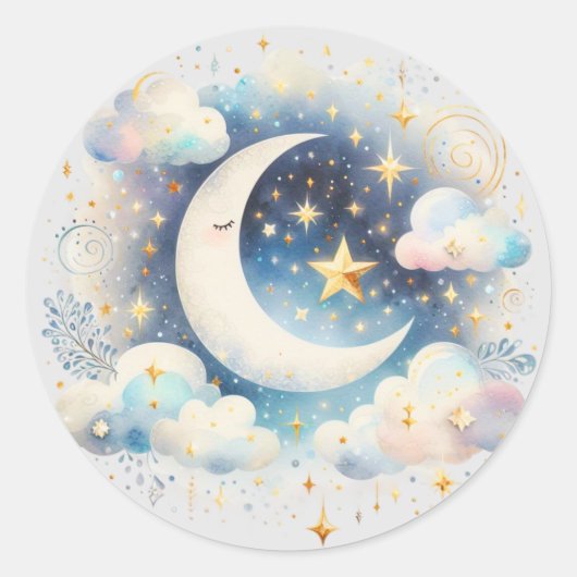 Blauwe en Witte Halve Maan Celestial Boho Modern Ronde Sticker (Voorkant)