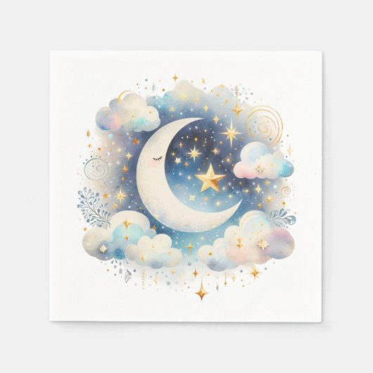 Blauwe en Witte Halve Maan Celestial Boho Modern Servet (Voorkant)