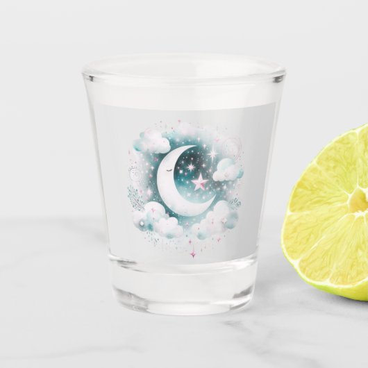 Blauwe en Witte Halve Maan Celestial Boho Modern Shot Glas (Voorkant)