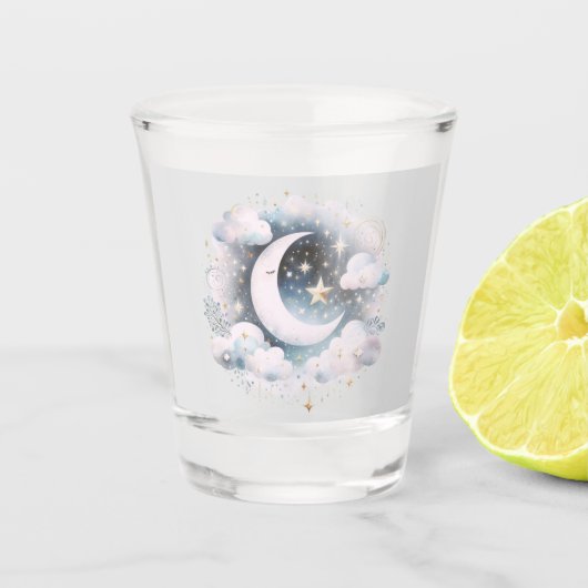 Blauwe en Witte Halve Maan Celestial Boho Modern Shot Glas (Voorkant)