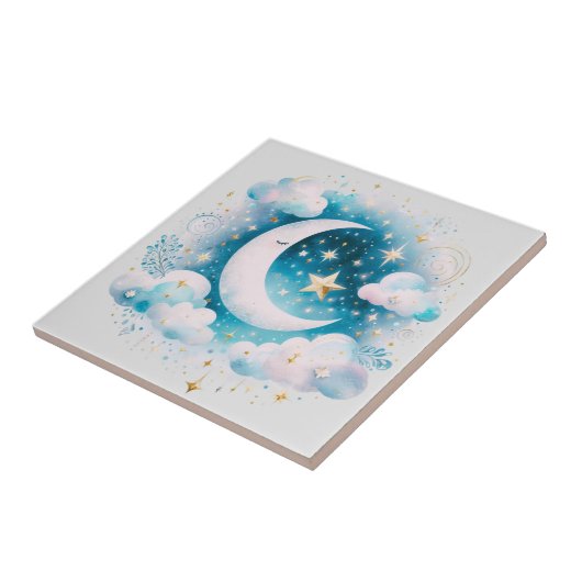 Blauwe en Witte Halve Maan Celestial Boho Modern Tegeltje (Zijkant)
