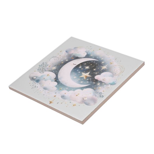 Blauwe en Witte Halve Maan Celestial Boho Modern Tegeltje (Zijkant)