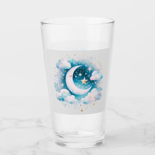 Blauwe en Witte Halve Maan Hemelse Boho Moderne Glas (Voorkant)
