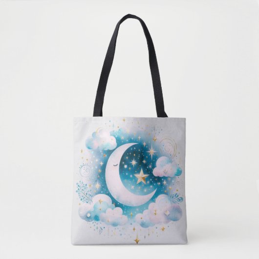 Blauwe en Witte Halve Maan Hemelse Boho Moderne Tote Bag (Voorkant)