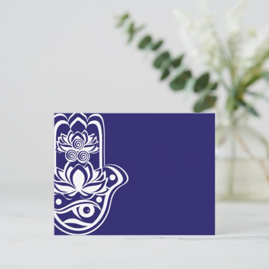 Blauwe en witte hamsa feestdagenkaart (Staand voorkant)