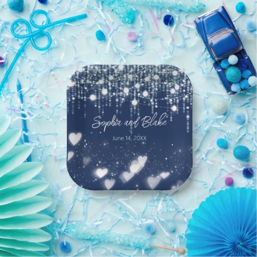 Blauwe en Witte Hangende Lichten Huwelijk Papieren Bordje (Feest)