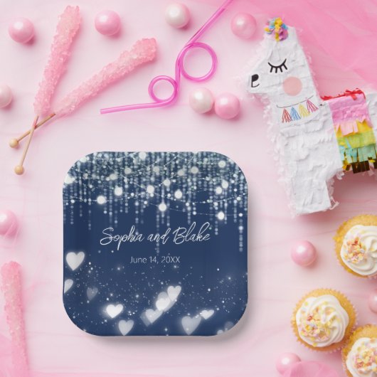 Blauwe en Witte Hangende Lichten Huwelijk Papieren Bordje (Feest)