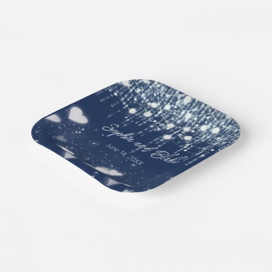 Blauwe en Witte Hangende Lichten Huwelijk Papieren Bordje (Gebogen)