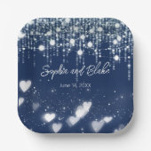 Blauwe en Witte Hangende Lichten Huwelijk Papieren Bordje (Voorkant)