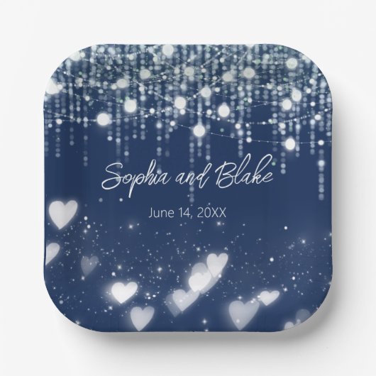 Blauwe en Witte Hangende Lichten Huwelijk Papieren Bordje (Voorkant)