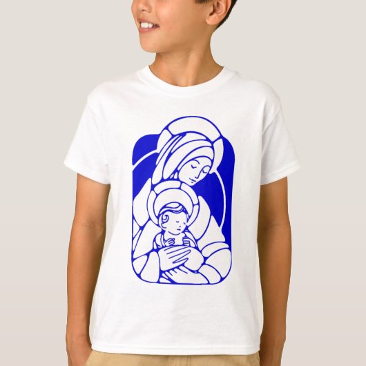 Blauwe en witte Heilige Moeder en Kind T-shirt (Voorkant)