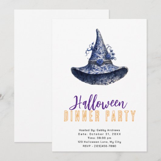 Blauwe en witte heksen Pet Halloween Diner Party Kaart (Voorkant / Achterkant)