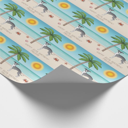 Blauwe en witte hond bij een tropische zomerbak cadeaupapier (Hoek)