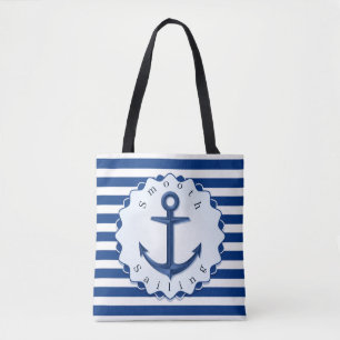 Blauwe en witte horizontale streep met anker tote bag