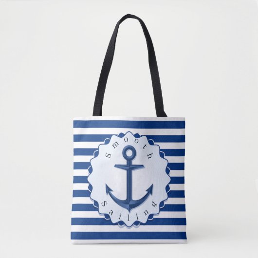 Blauwe en witte horizontale streep met anker tote bag (Voorkant)