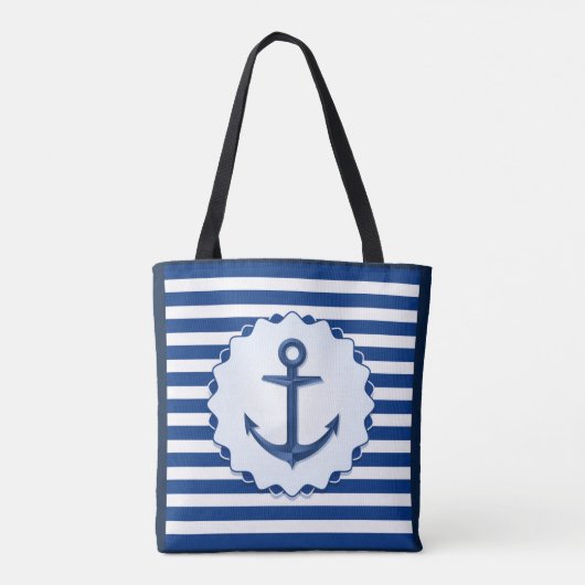 Blauwe en witte horizontale streep met anker tote bag (Achterkant)