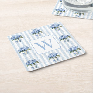 Blauwe en Witte Hortensia's op Strepen Monogram Kartonnen Onderzetters