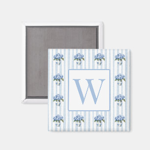 Blauwe en Witte Hortensia's op Strepen Monogram Magneet