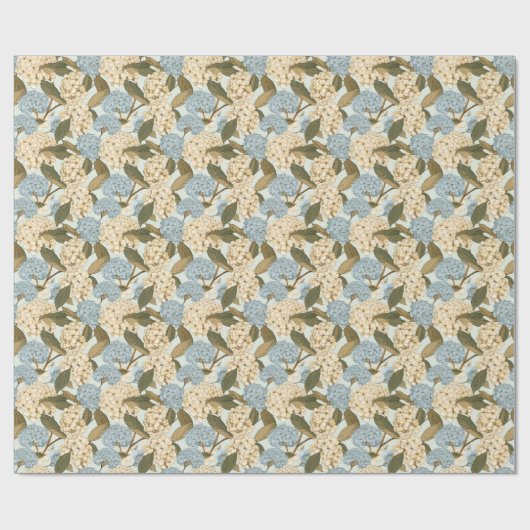 Blauwe en witte Hydrangea bloemen, en groene blade Cadeaupapier (Vlak)