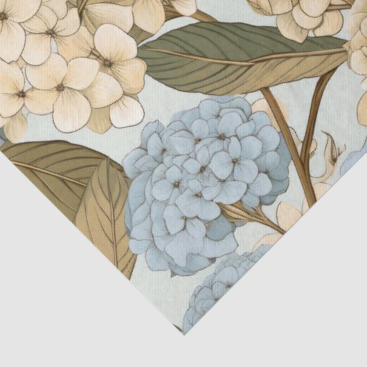 Blauwe en witte Hydrangea bloemen, en groene blade Tissuepapier (Detail)